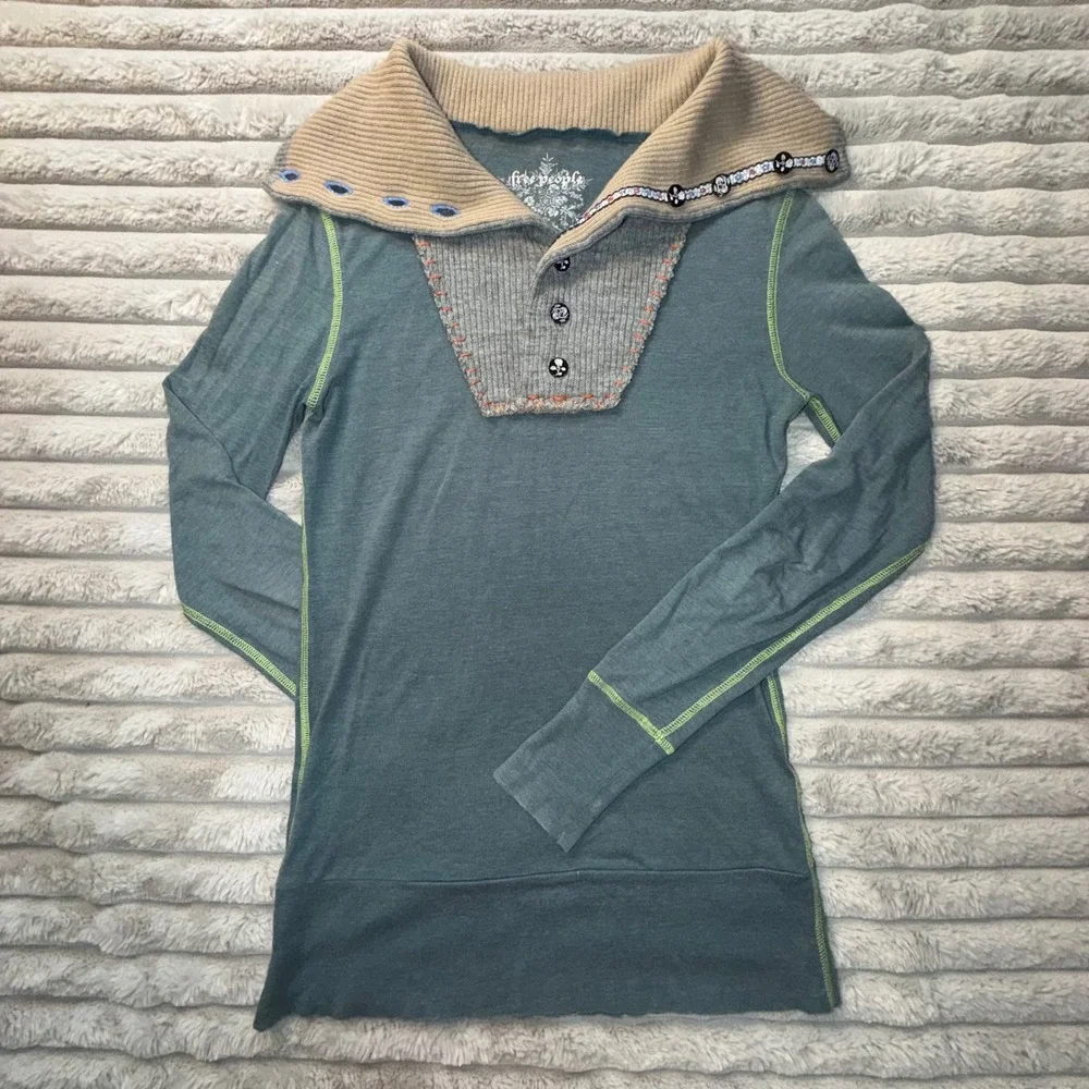 Free People Teal Blue Mixed Media Thermal Knit Top Boho Rose Button Womens Small